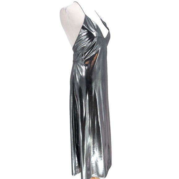 Zara Silver Liquid Metallic Maxi Slip Dress Glam Avant Garde Babydoll 90s Small - Picture 9 of 16